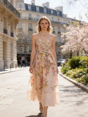 Blush Floral Tie-Waist Midi Dress